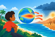 Child observing coastline while ocean-warming pattern moves across globe toward changing weather