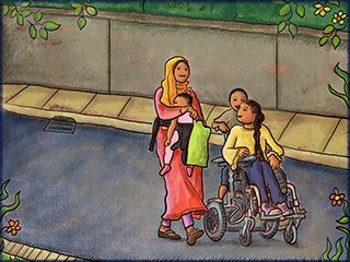 A mother is walking with her three children