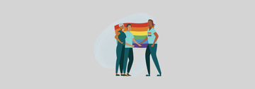 Three persons are shaking hand in front of an LGBTQ+ flag