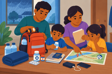 Family preparing together: Emergency bag, medicines, important documents, phone charging