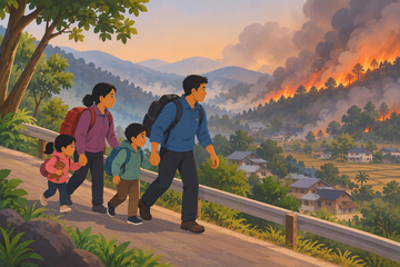 Family moving away from a wildfire-prone area toward a safer location