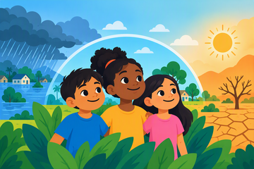 Three children in foreground; climate hazards (flood, heat, drought) simplified in background landscape