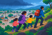 Family evacuating toward higher ground carrying emergency bag