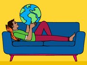 A person is lying on the couch and holding the earth