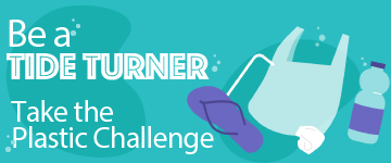 Take the Plastic Challenge Homepage Banner: plastic bag, plastic bottle, a flipflop and garbage