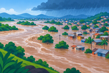 Floodplain landscape showing river overflow approaching home