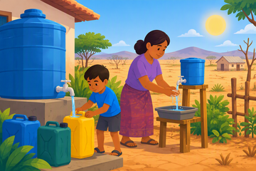 Caregiver filling clean containers from a protected water source.